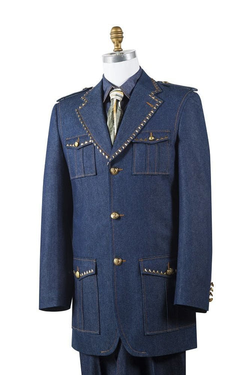 Canto Men's 2 Piece Cotton Denim Fashion Suit with Gold Buttons
