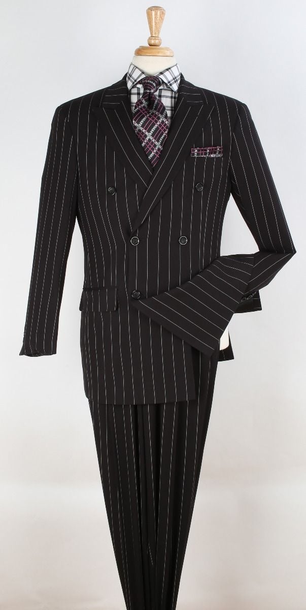 Apollo King Men's 2pc Pinstripe Double Breasted Suit in black