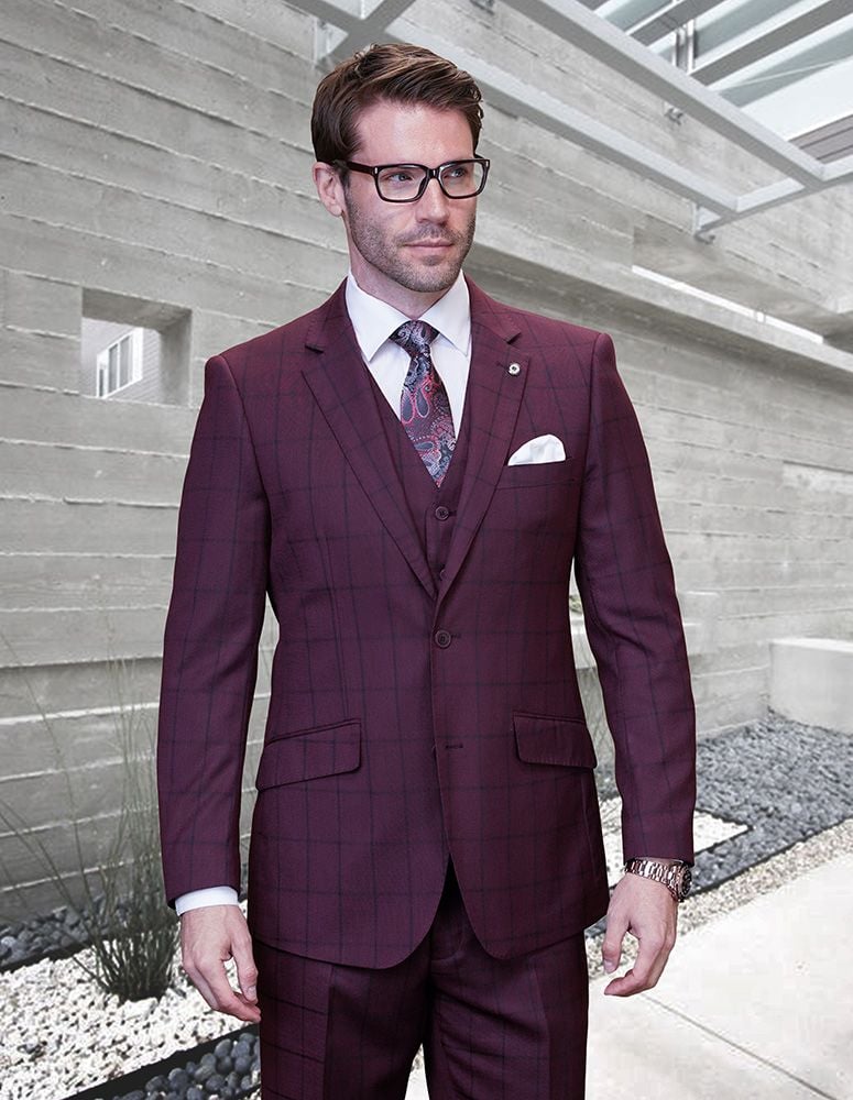 Modern Men's Windowpane Wool Suit  3 Piece 100% Wool Fashionable Fit - 38 Short Jacket+32 Waist Adjustable 28to34)(Height: 5 4 to5 7 )(Neck  15-16.5)S-M)