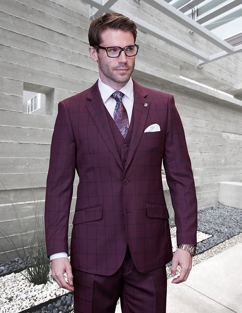 Modern Men's Windowpane Wool Suit - 3 Piece, 100% Wool, Fashionable Fit