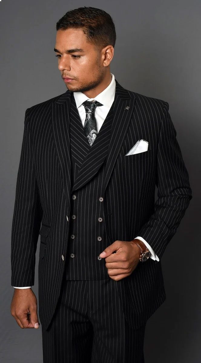 Men's 100% black  Wool 3-Piece Suit - Fashion Pinstripe - 38 Short Jacket+32 Waist Adjustable 28to34)(Height: 5 4 to5 7 )(Neck  15-16.5)S-M)