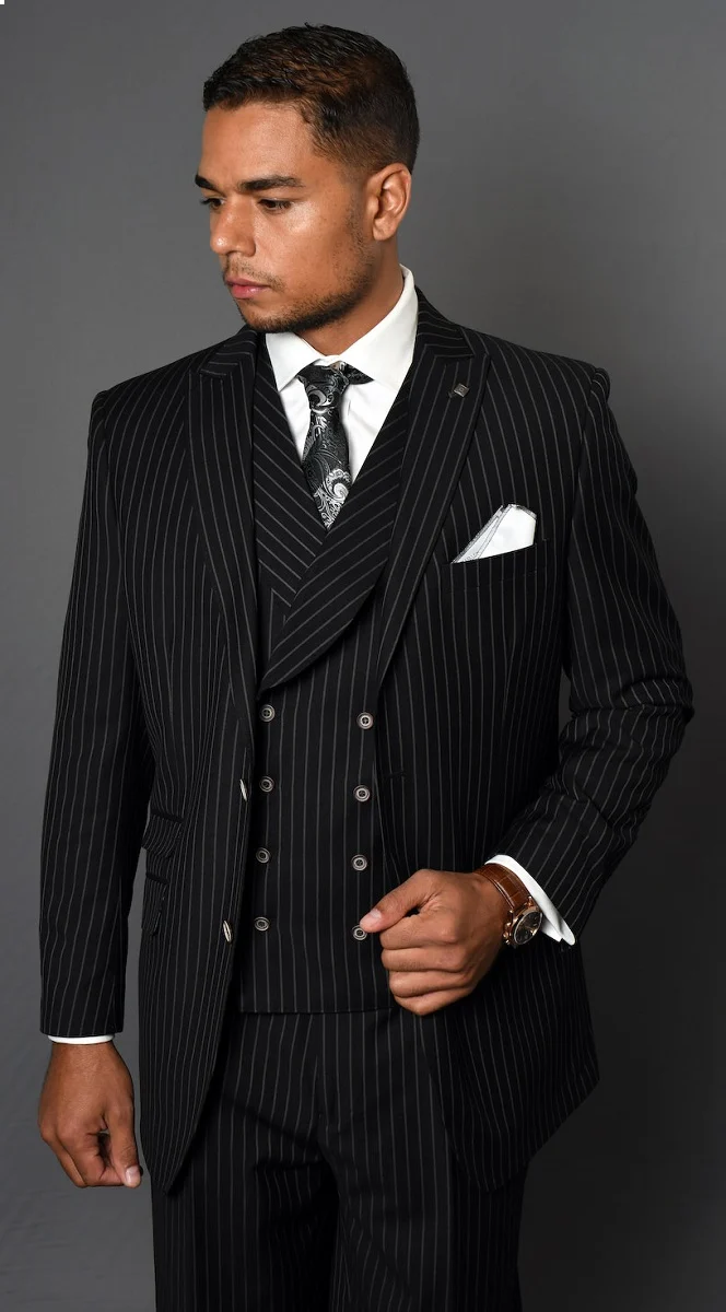 Men's 100% black  Wool 3-Piece Suit - Fashion Pinstripe - 38 Short Jacket+32 Waist Adjustable 28to34)(Height: 5 4 to5 7 )(Neck  15-16.5)S-M)
