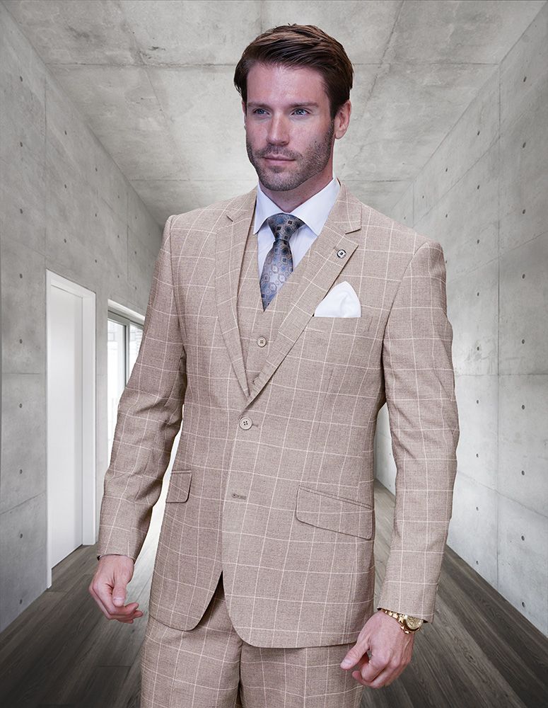 Statement Men's 100% Wool 3 Piece Windowpane Suit Lightweight