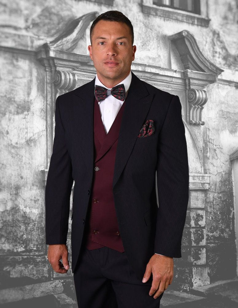 Statement Men's 100% Wool Suit Diamond Tone on Tone Pattern - 38 Short Jacket+32 Waist Adjustable 28to34)(Height: 5 4 to5 7 )(Neck  15-16.5)S-M)