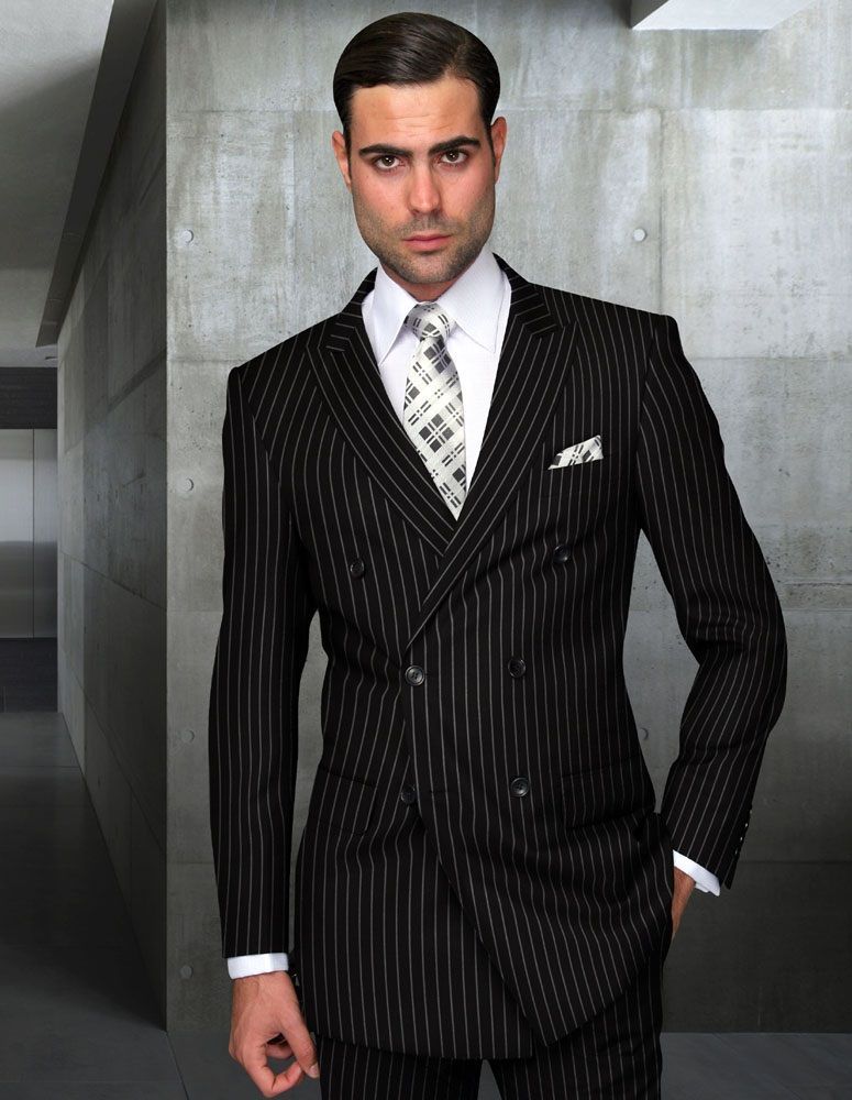 Men's 2-Piece Wool Suit - Bold Pinstripe | 100% Wool | Statement Outlet - 38 Short Jacket+32 Waist Adjustable 28to34)(Height: 5 4 to5 7 )(Neck  15-16.5)S-M)