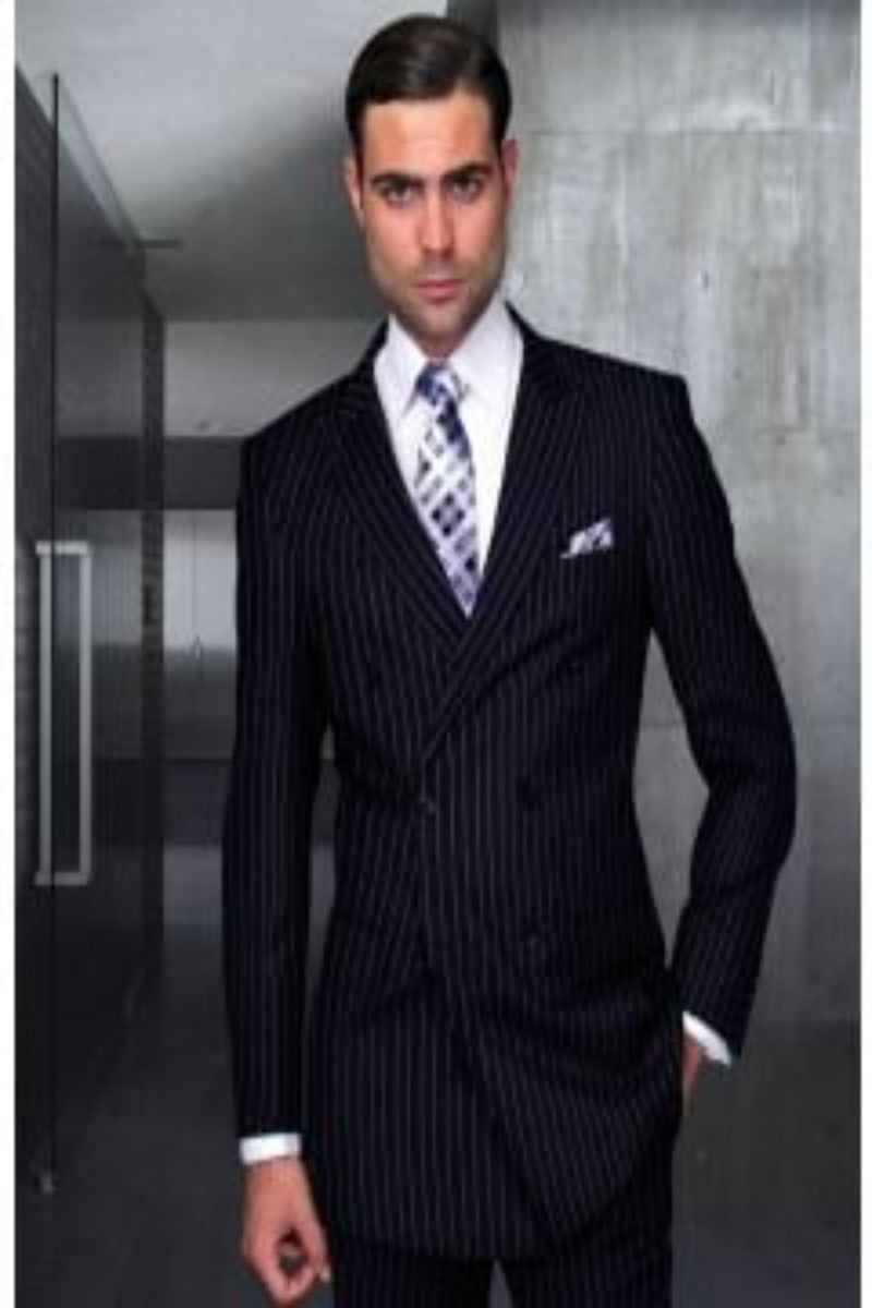 Men's 2-Piece Wool Suit - Bold Pinstripe | 100% Wool | Statement Outlet - 38 Short Jacket+32 Waist Adjustable 28to34)(Height: 5 4 to5 7 )(Neck  15-16.5)S-M)