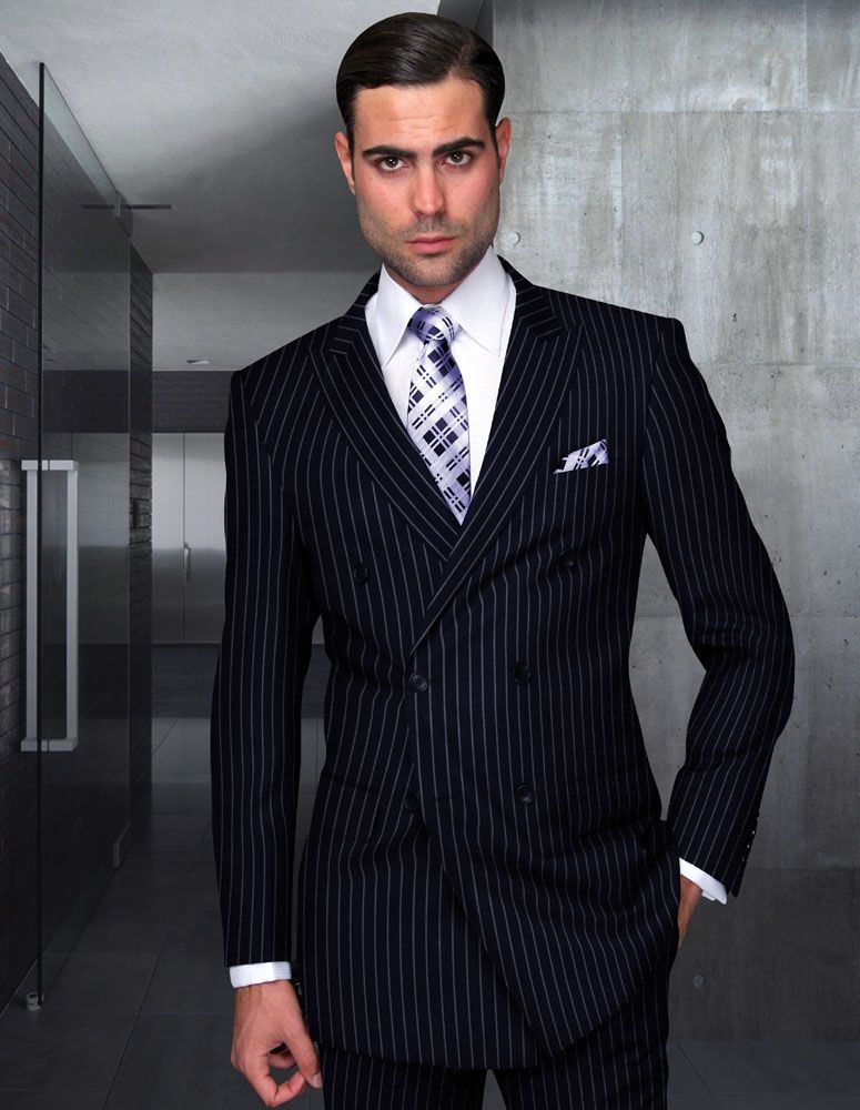 Men's 2-Piece Wool Suit - Bold Pinstripe | 100% Wool | Statement Outlet - 38 Short Jacket+32 Waist Adjustable 28to34)(Height: 5 4 to5 7 )(Neck  15-16.5)S-M)