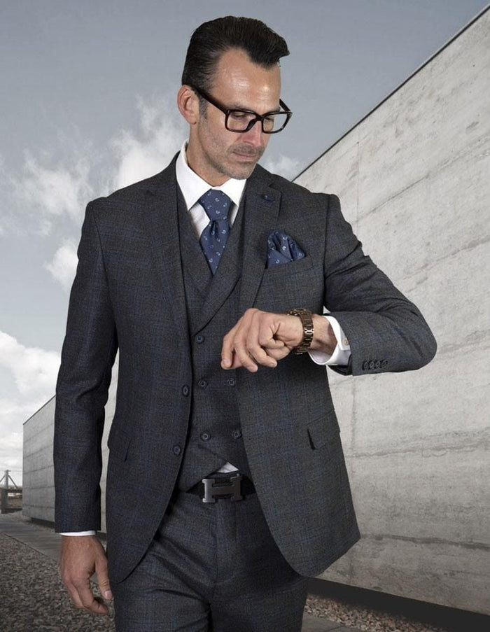 Men's 3-Piece Wool Suit - Subtle Plaid Pattern | Windowpane Texture Business Pattern Modern Fit Side Vented Collection