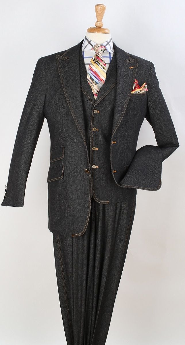 Royal Diamond Men's 3pc Cotton Denim Suit - Fashionable & Durable - 38 Short Jacket+32 Waist Adjustable 28to34)(Height: 5 4 to5 7 )(Neck  15-16.5)S-M)