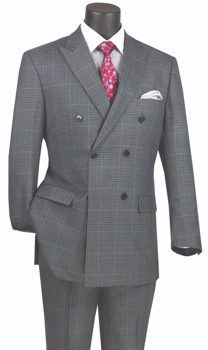 Vinci Men's 2 Piece Glen Plaid Double Breasted Suit Fashionable & Stylish - 38 Short Jacket+32 Waist Adjustable 28to34)(Height: 5 4 to5 7 )(Neck  15-16.5)S-M)