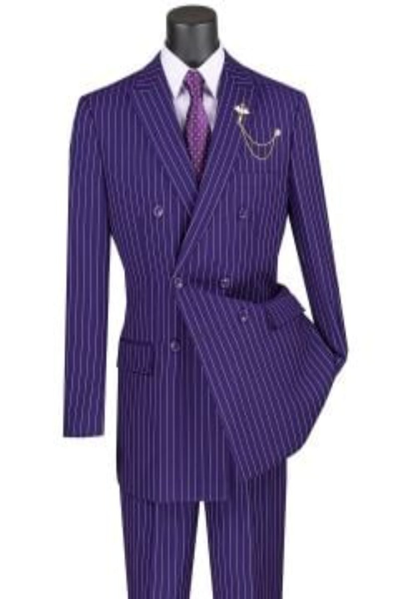 Vinci Men's 2 Piece Banker Pinstripe Double Breasted purple Suit Outlet - 38 Short Jacket+32 Waist Adjustable 28to34)(Height: 5 4 to5 7 )(Neck  15-16.5)S-M)