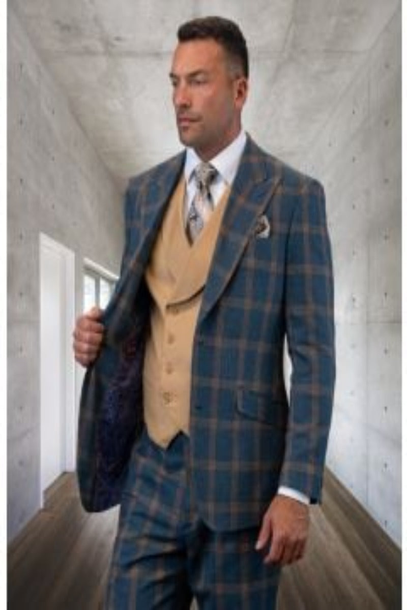 Mens Wool 3-Piece Layered Toned Suit 100% Wool Statement - 38 Short Jacket+32 Waist Adjustable 28to34)(Height: 5 4 to5 7 )(Neck  15-16.5)S-M)