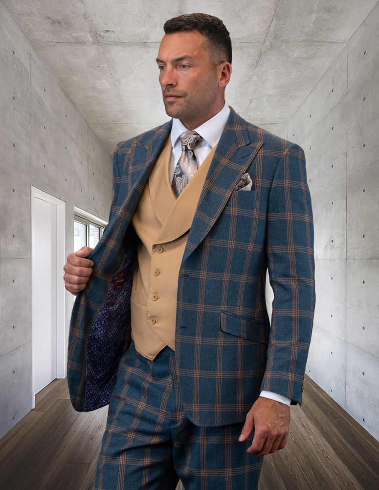 Mens Wool 3-Piece Layered Toned Suit 100% Wool Statement - 38 Short Jacket+32 Waist Adjustable 28to34)(Height: 5 4 to5 7 )(Neck  15-16.5)S-M)