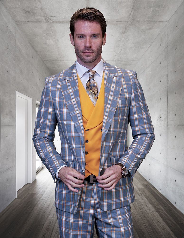 Plaid Pattern Men's 3 Piece 100% Wool Suit | Statement - 38 Short Jacket+32 Waist Adjustable 28to34)(Height: 5 4 to5 7 )(Neck  15-16.5)S-M)
