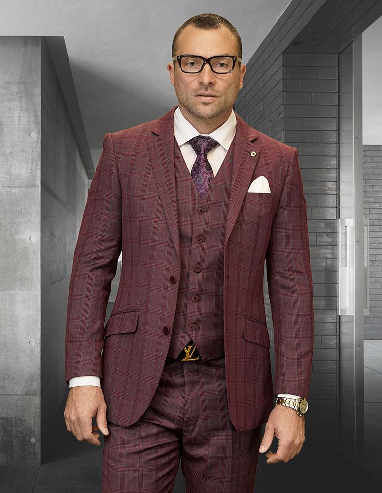 Mens 3 Piece 100% Wool Plaid Suit Classic Design Windowpane Texture Business Pattern Modern Fit Side Vented - 38 Short Jacket+32 Waist Adjustable 28to34)(Height: 5 4 to5 7 )(Neck  15-16.5)S-M)