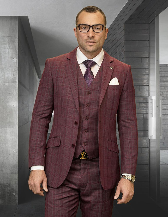 Mens 3 Piece 100% Wool Plaid Suit Classic Design Windowpane Texture Business Pattern Modern Fit Side Vented