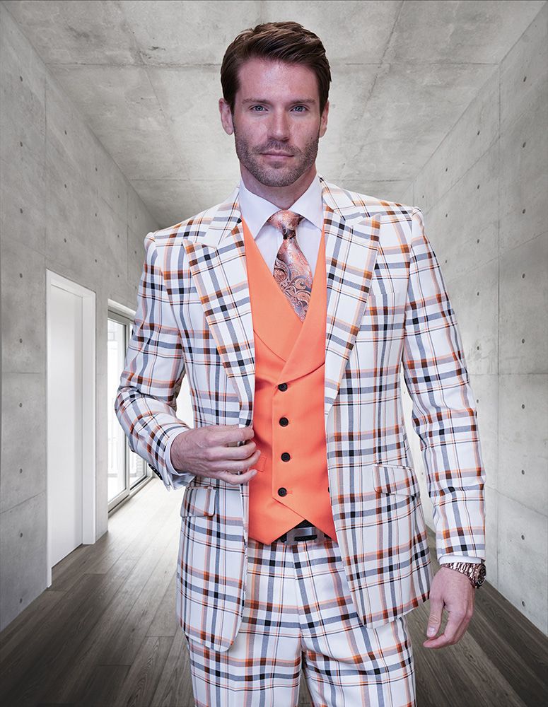 Plaid Wool 3 Piece Suit for Men Wool Color Contrast Styling - 38 Short Jacket+32 Waist Adjustable 28to34)(Height: 5 4 to5 7 )(Neck  15-16.5)S-M)