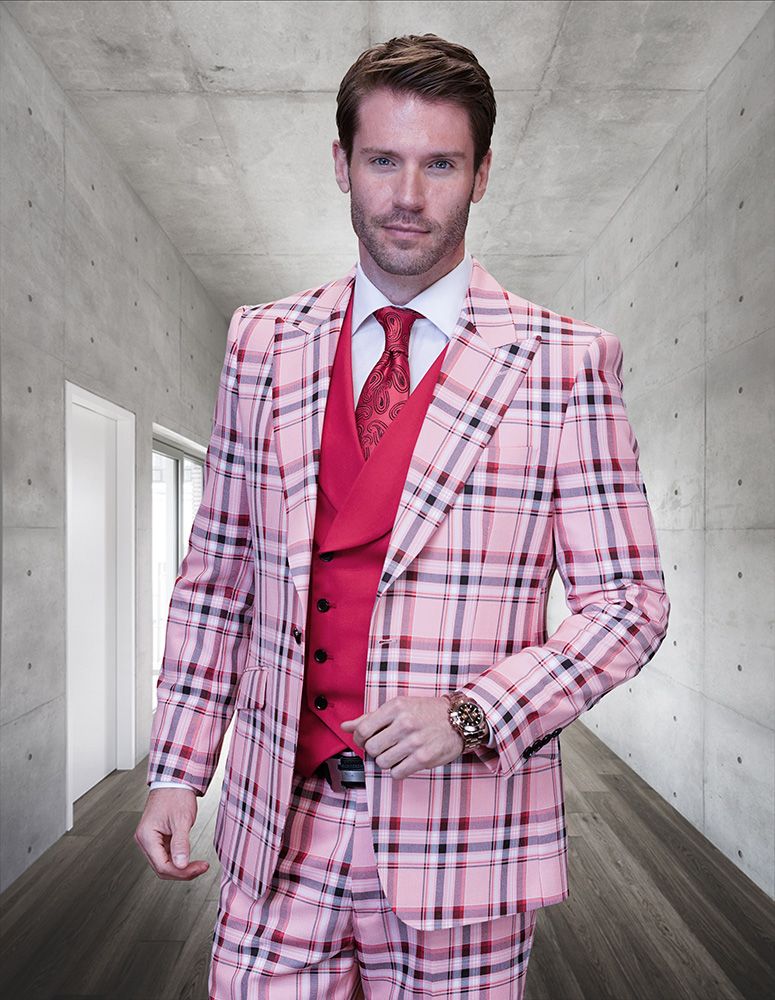 Plaid Wool 3 Piece Suit for Men Wool Color Contrast Styling - 38 Short Jacket+32 Waist Adjustable 28to34)(Height: 5 4 to5 7 )(Neck  15-16.5)S-M)