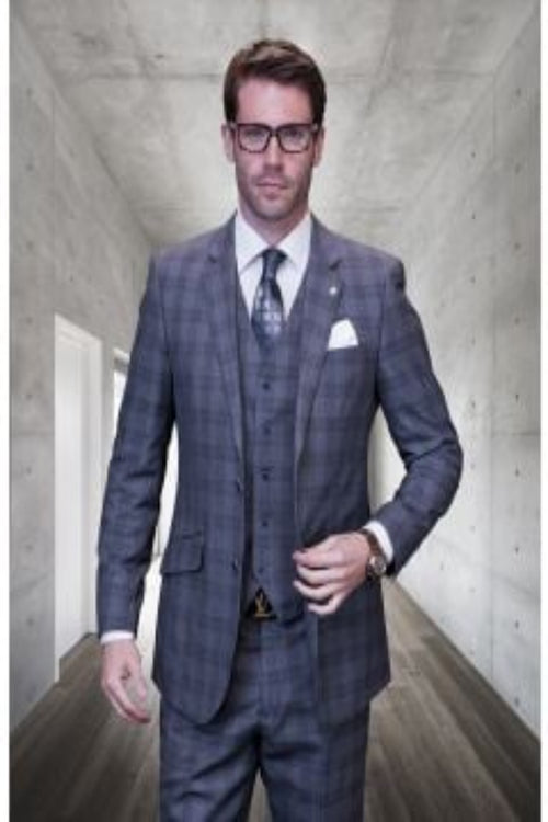 Windowpane Texture Business Pattern Modern Fit Side Vented Men's 100% Wool Fashion Suit - Dark Plaid 3-Piece