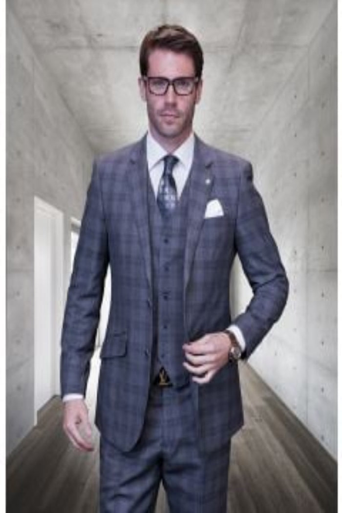 Windowpane Texture Business Pattern Modern Fit Side Vented Men's 100% Wool Fashion Suit - Dark Plaid 3-Piece
