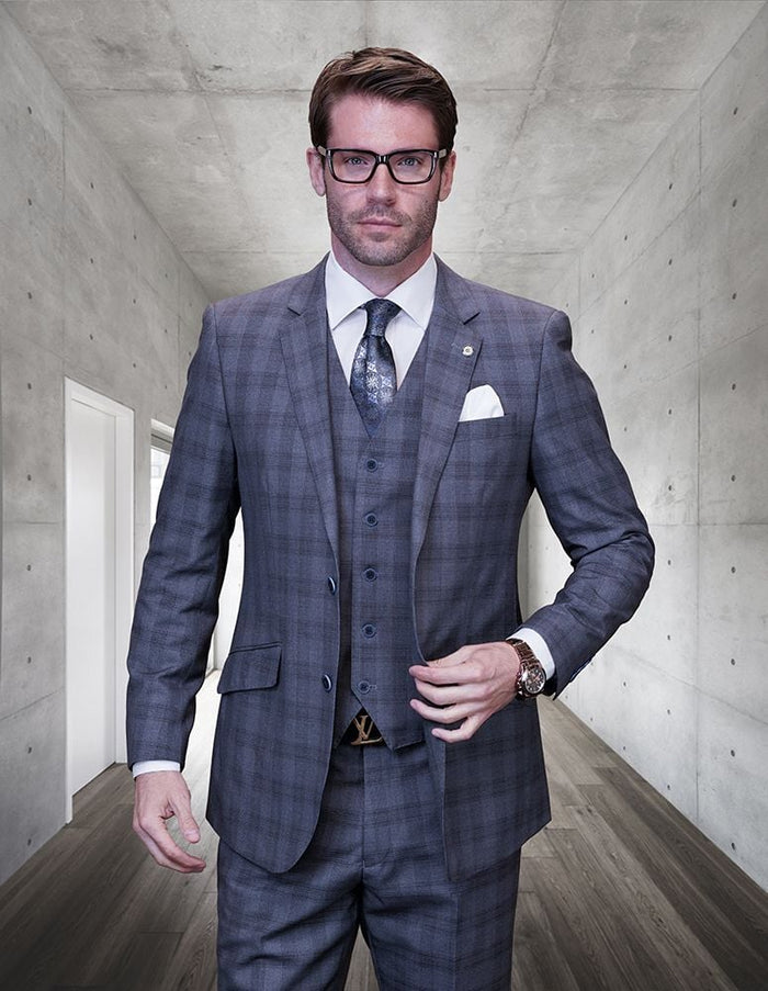 Windowpane Texture Business Pattern Modern Fit Side Vented Men's 100% Wool Fashion Suit - Dark Plaid 3-Piece