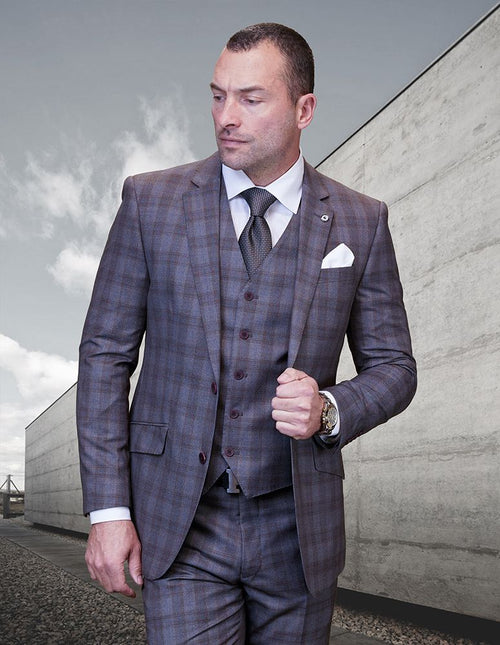 Windowpane Texture Business Pattern Modern Fit Side Vented Men's 100% Wool Fashion Suit - Dark Plaid 3-Piece