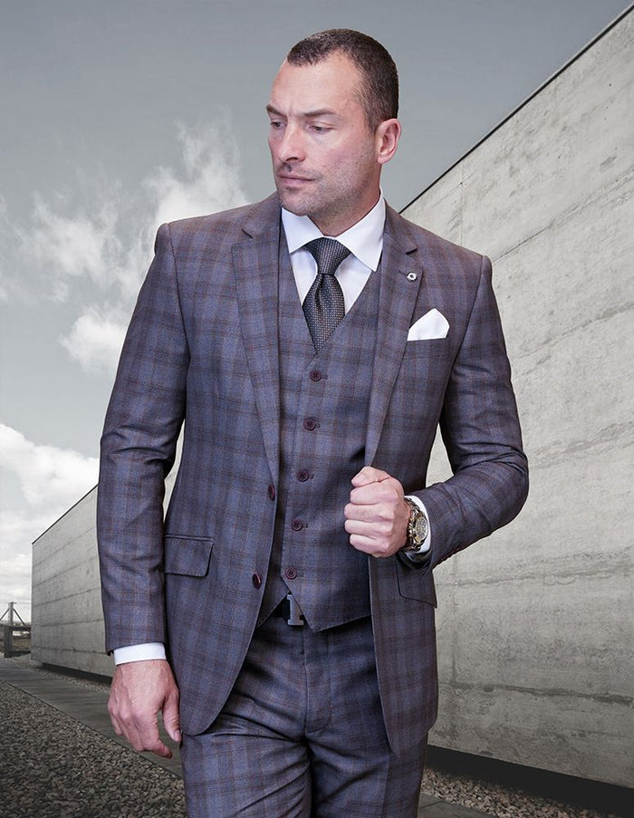 Windowpane Texture Business Pattern Modern Fit Side Vented Men's 100% Wool Fashion Suit - Dark Plaid 3-Piece