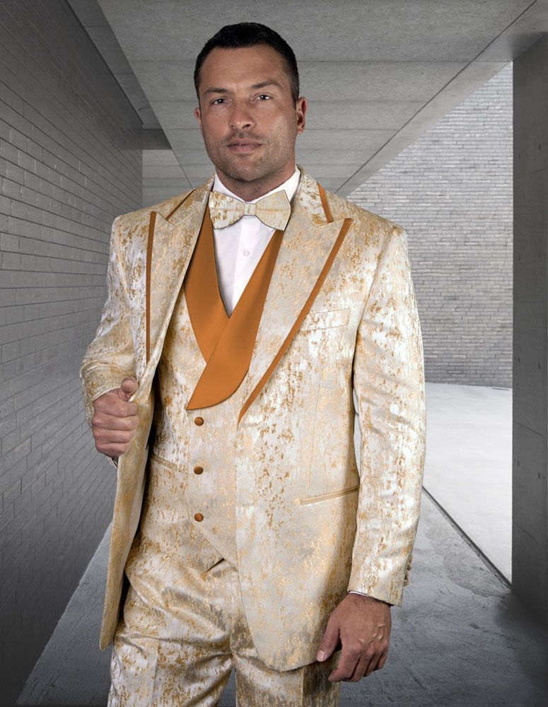 Menswear: Statement Wool Tuxedo with Floral Accents 3 Piece Set - 38 Short Jacket+32 Waist Adjustable 28to34)(Height: 5 4 to5 7 )(Neck  15-16.5)S-M)