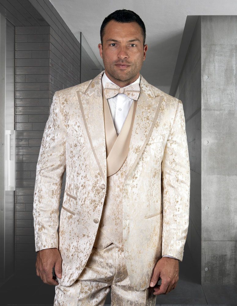 Menswear: Statement Wool Tuxedo with Floral Accents 3 Piece Set - 38 Short Jacket+32 Waist Adjustable 28to34)(Height: 5 4 to5 7 )(Neck  15-16.5)S-M)