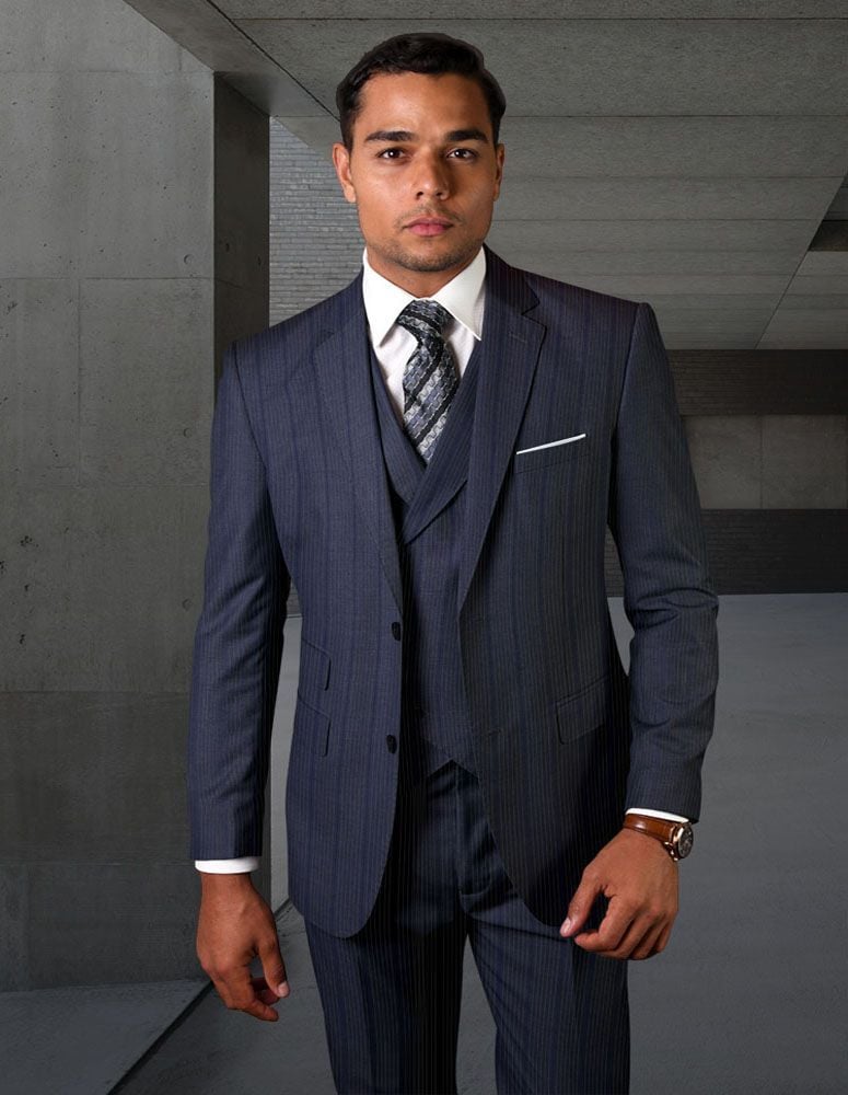 Men's 100% Wool 3 Piece Striped Suit - Outlet by Statement