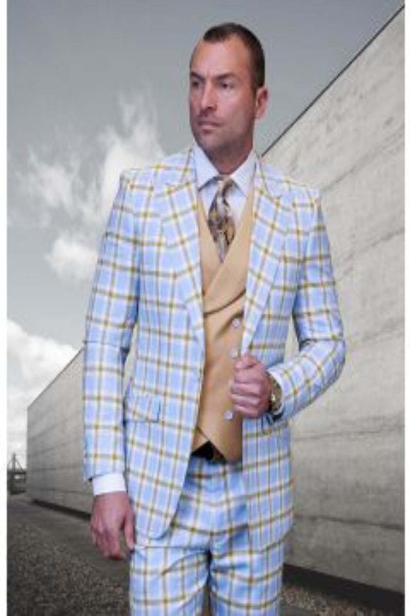 Statement Men's 100% Wool 3 Piece Windowpane Suit Electric