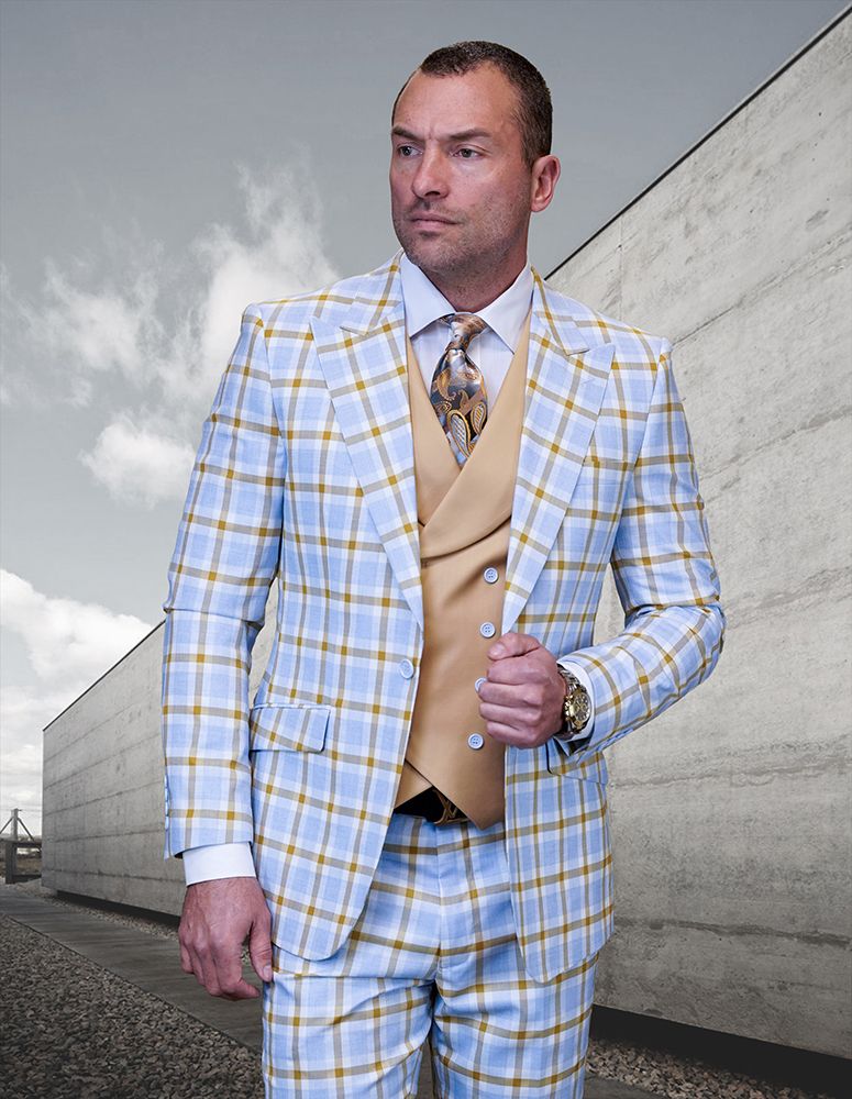 Statement Men's 100% Wool 3 Piece Windowpane Suit - Electric