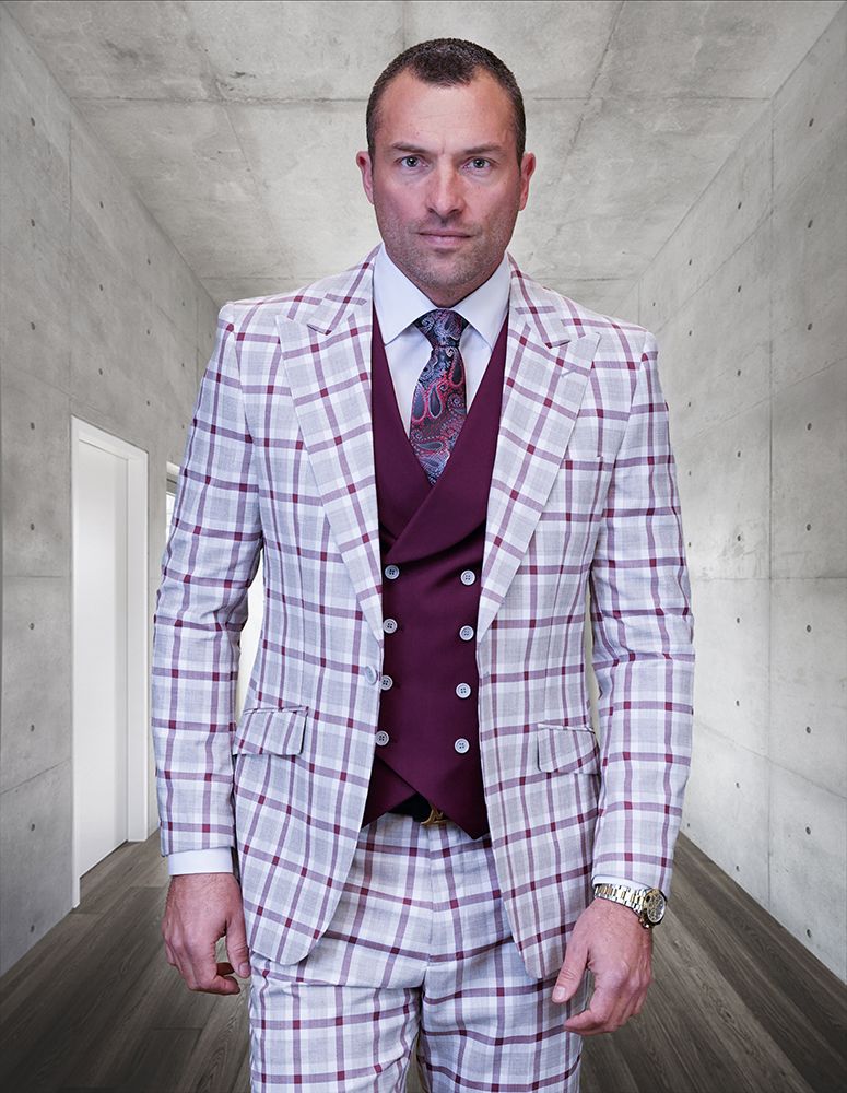 Statement Men's 100% Wool 3 Piece Windowpane Suit Electric