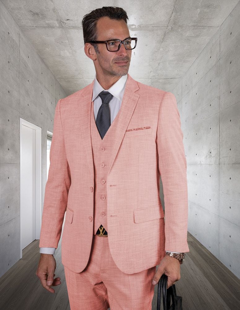 Men's Executive Wool Suit 3 Piece, Slim Fit 100% Wool Outlet Store pink - 38 Short Jacket+32 Waist Adjustable 28to34)(Height: 5 4 to5 7 )(Neck  15-16.5)S-M)
