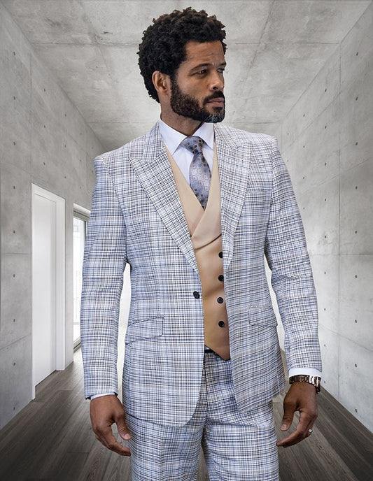 Mens 100% Wool 3 Piece Striped Suit - Electric Blue