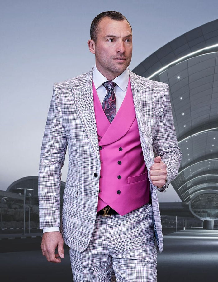 Mens 100% Wool 3 Piece Striped Suit - Electric Blue