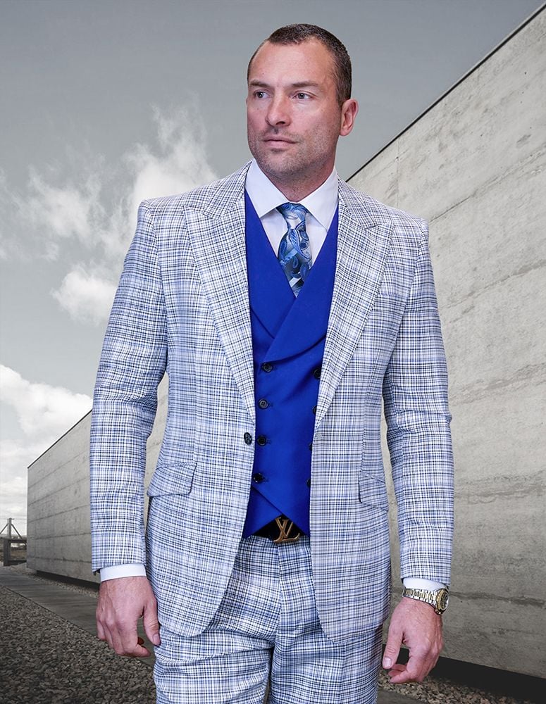 Mens 100% Wool 3 Piece Striped Suit - Electric Blue - 38 Short Jacket+32 Waist Adjustable 28to34)(Height: 5 4 to5 7 )(Neck  15-16.5)S-M)