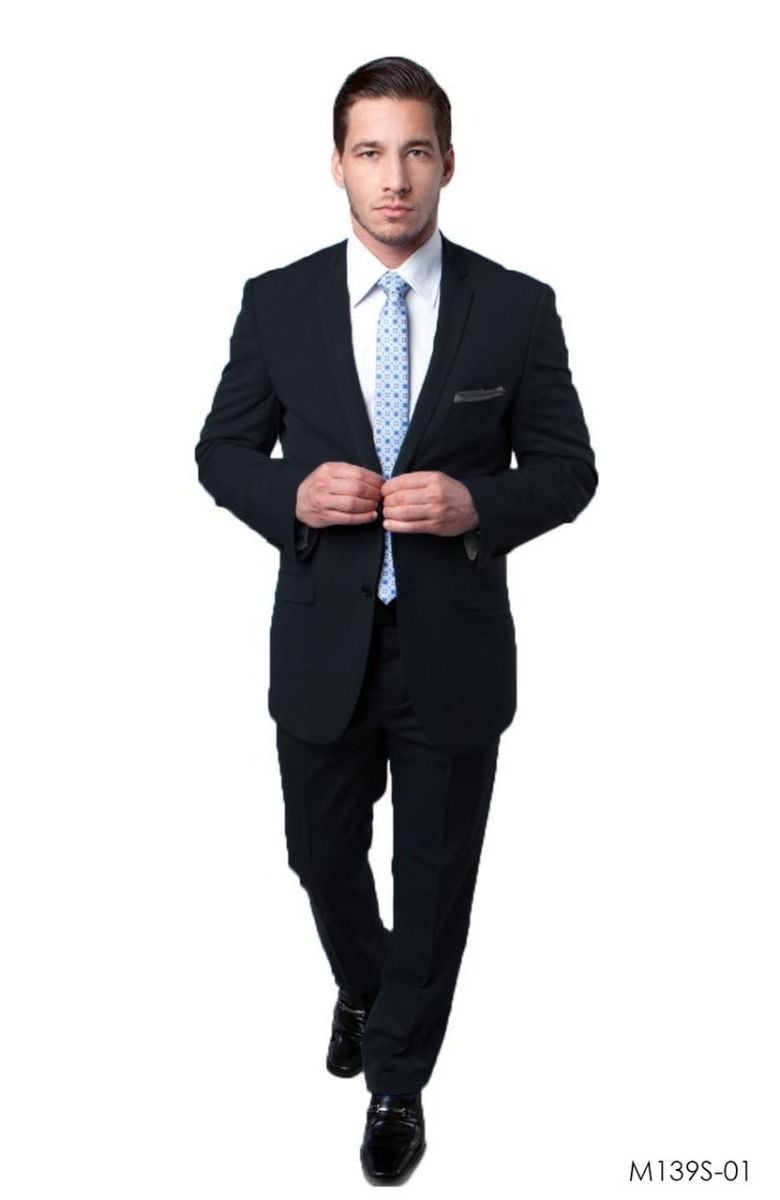 Tazio Men's 2 Piece Executive Slim Fit Suit Heathered Chalk Stripe - 38 Short Jacket+32 Waist Adjustable 28to34)(Height: 5 4 to5 7 )(Neck  15-16.5)S-M)