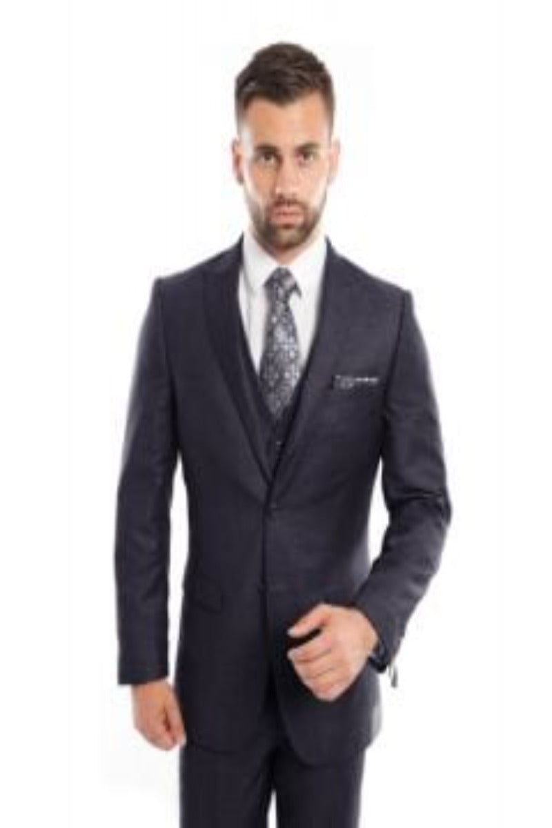 Tazio Men's 3-Piece Slim Fit Executive Suit with Peak Lapel - 38 Short Jacket+32 Waist Adjustable 28to34)(Height: 5 4 to5 7 )(Neck  15-16.5)S-M)