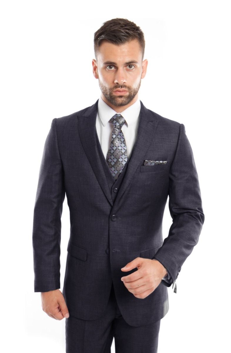 Tazio Men's 3-Piece Slim Fit Executive Suit with Peak Lapel - 38 Short Jacket+32 Waist Adjustable 28to34)(Height: 5 4 to5 7 )(Neck  15-16.5)S-M)