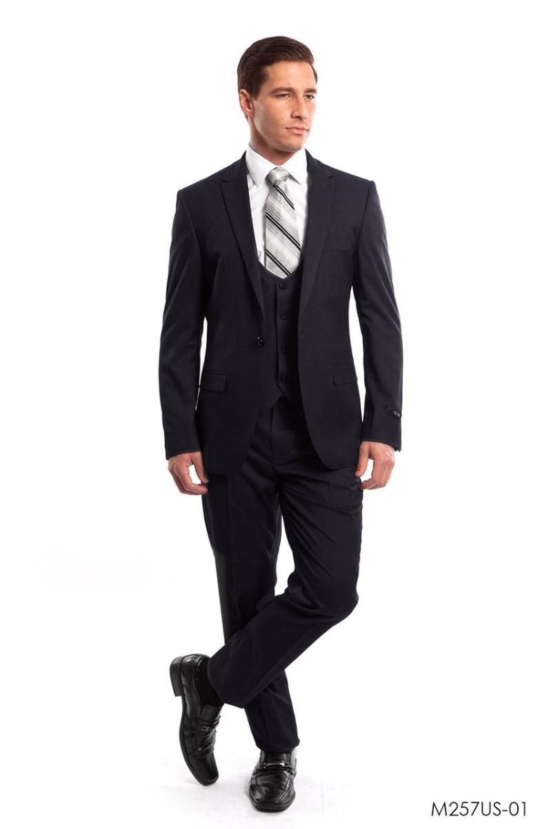 Tazio Men's 3 Piece Ultra Slim Fit Executive Suit Dark Colors - 38 Short Jacket+32 Waist Adjustable 28to34)(Height: 5 4 to5 7 )(Neck  15-16.5)S-M)