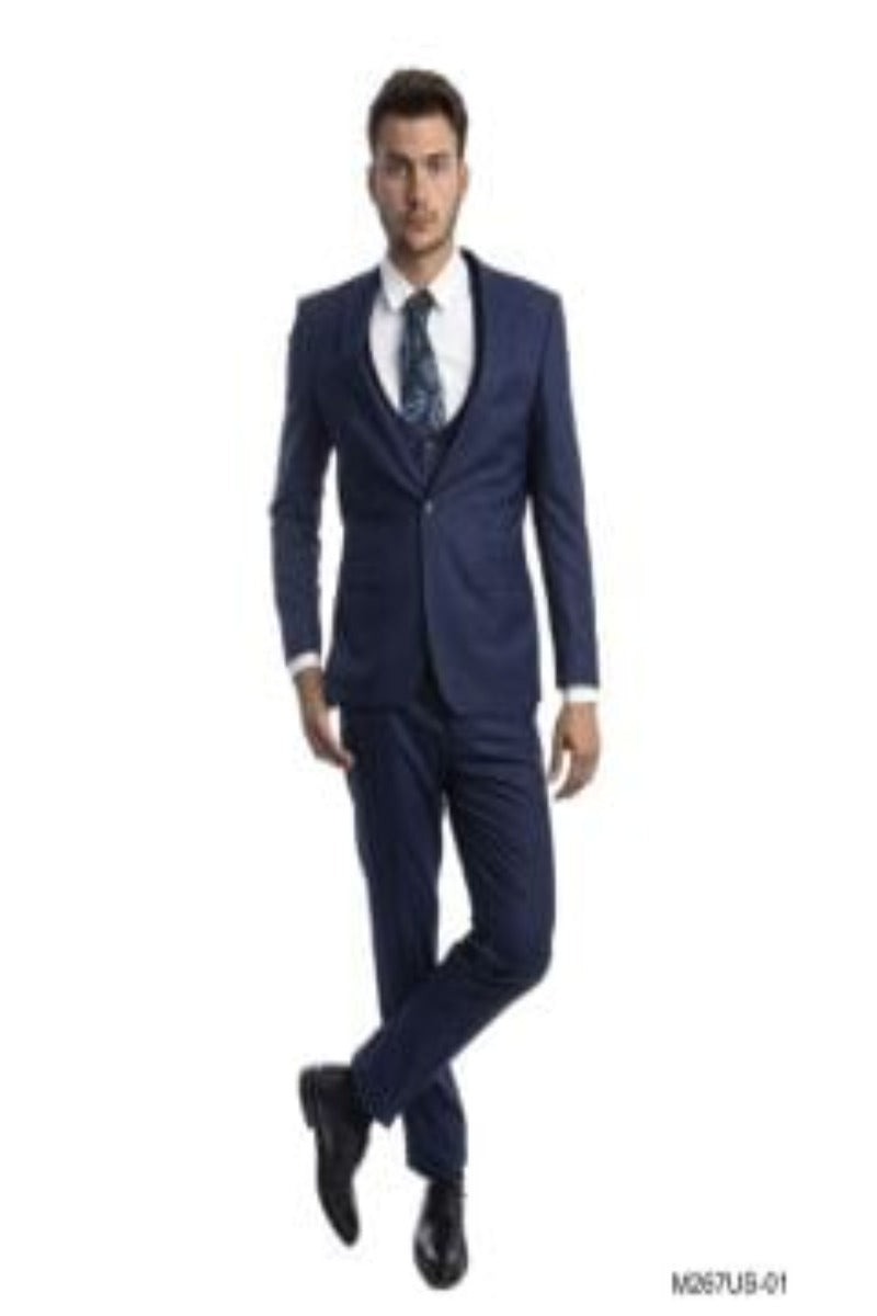 Tazio Men's Glen Check Outfit | Ultra Slim Fit 3 Piece Suit blue - 38 Short Jacket+32 Waist Adjustable 28to34)(Height: 5 4 to5 7 )(Neck  15-16.5)S-M)