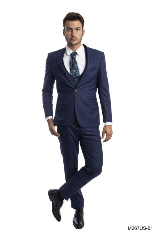 Tazio Men's Glen Check Outfit | Ultra Slim Fit 3 Piece Suit blue