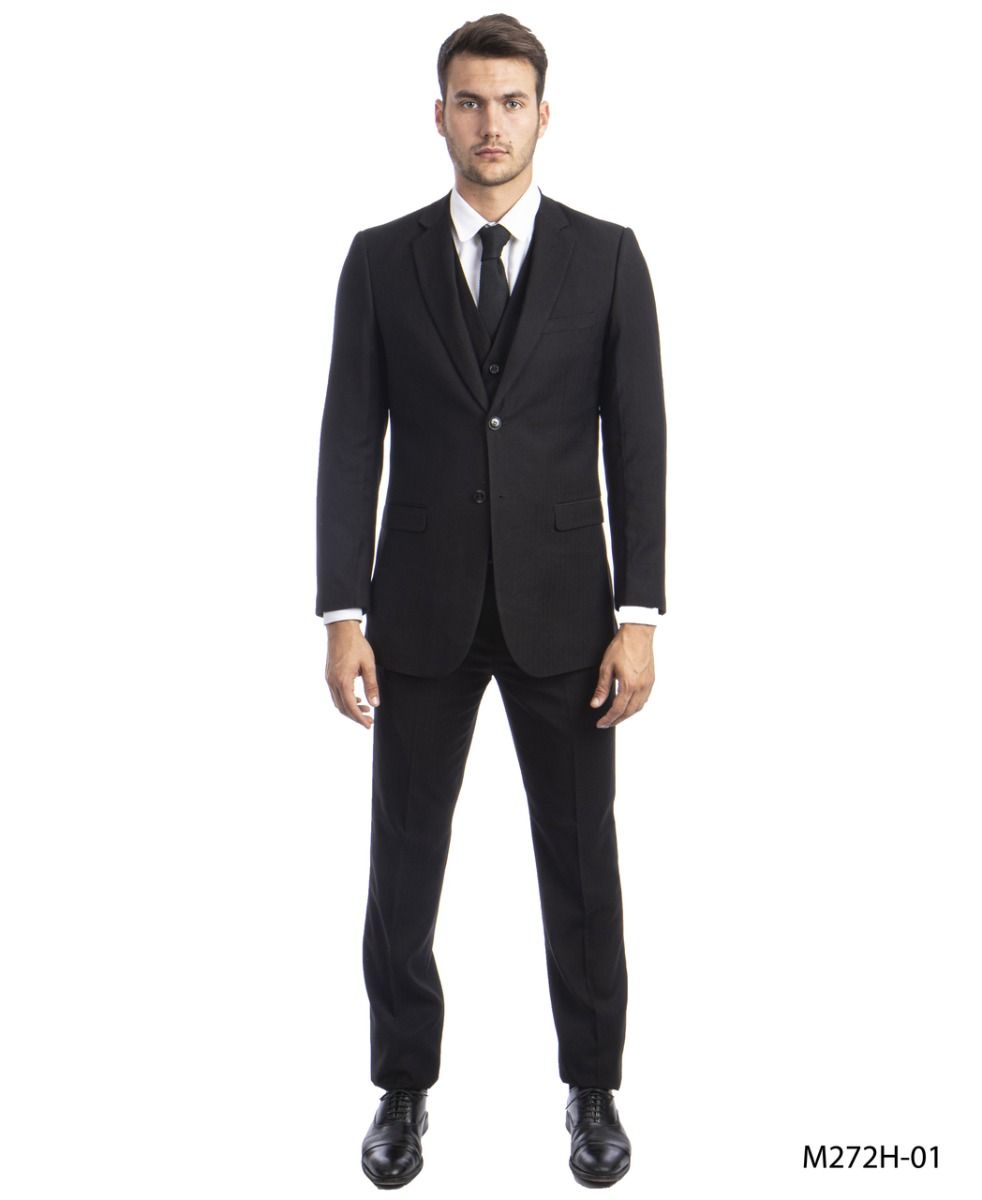 Tazio Men's 3-Piece Dark Pinstripe Suit | Award-Winning Design - 38 Short Jacket+32 Waist Adjustable 28to34)(Height: 5 4 to5 7 )(Neck  15-16.5)S-M)