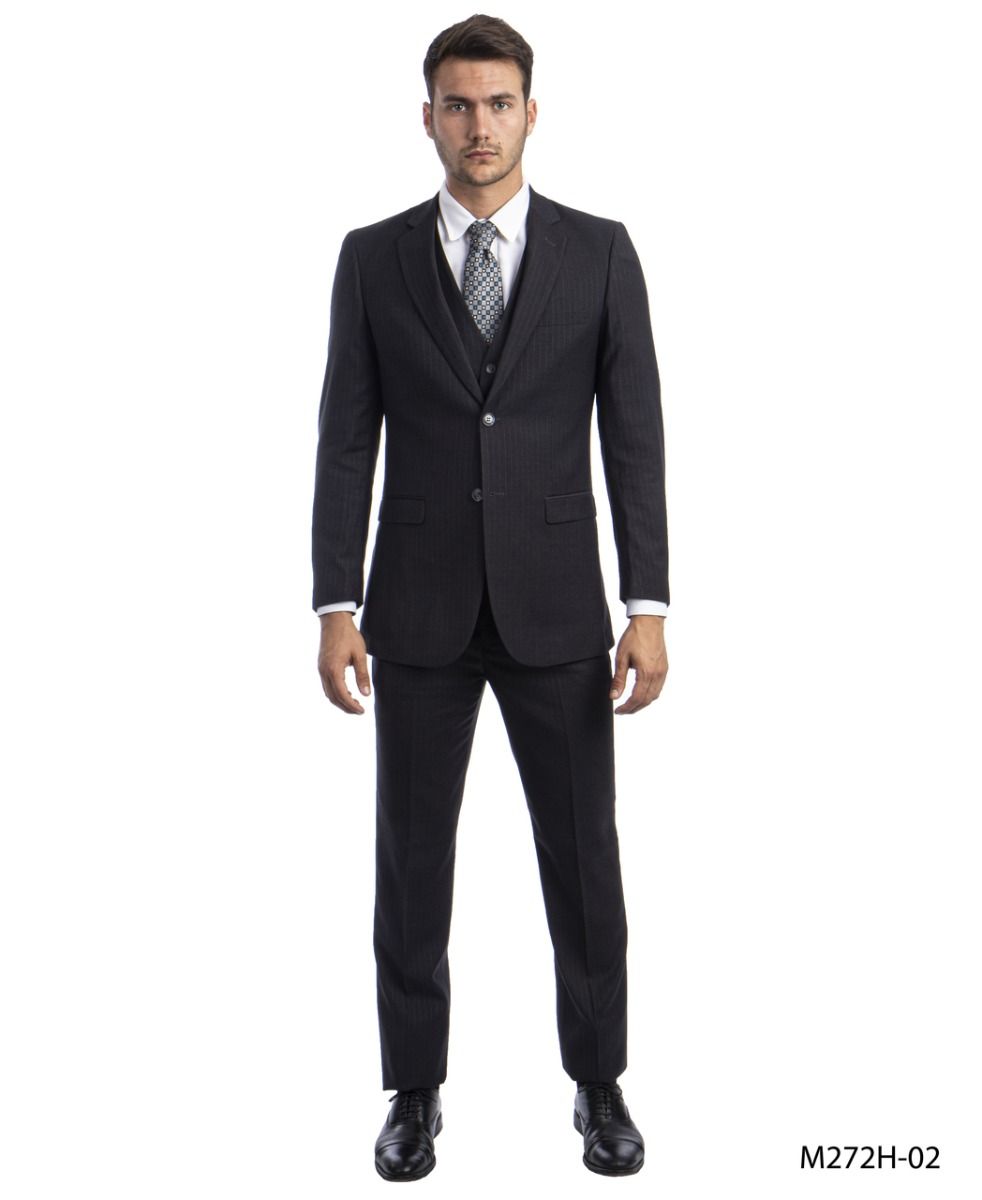 Tazio Men's 3-Piece Dark Pinstripe Suit | Award-Winning Design - 38 Short Jacket+32 Waist Adjustable 28to34)(Height: 5 4 to5 7 )(Neck  15-16.5)S-M)