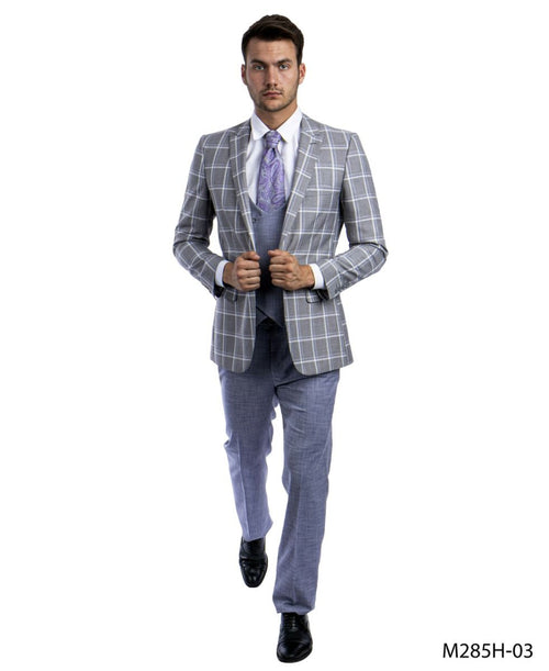 Tazio Men's 3 Piece Windowpane Executive Suit Two Tone