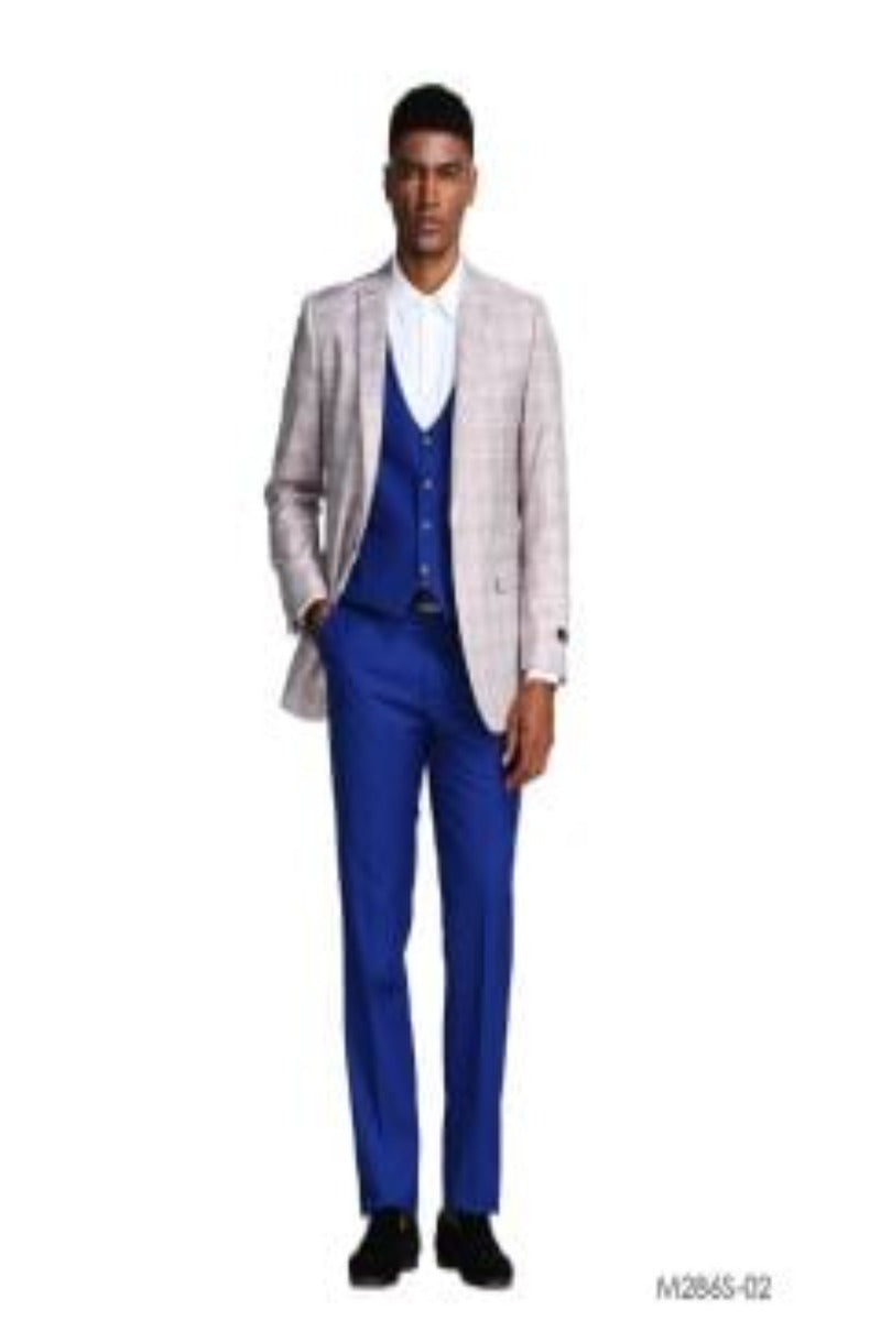 Tazio Men's Slim Fit Executive 3-Piece Suit Sleek Plaid Pattern