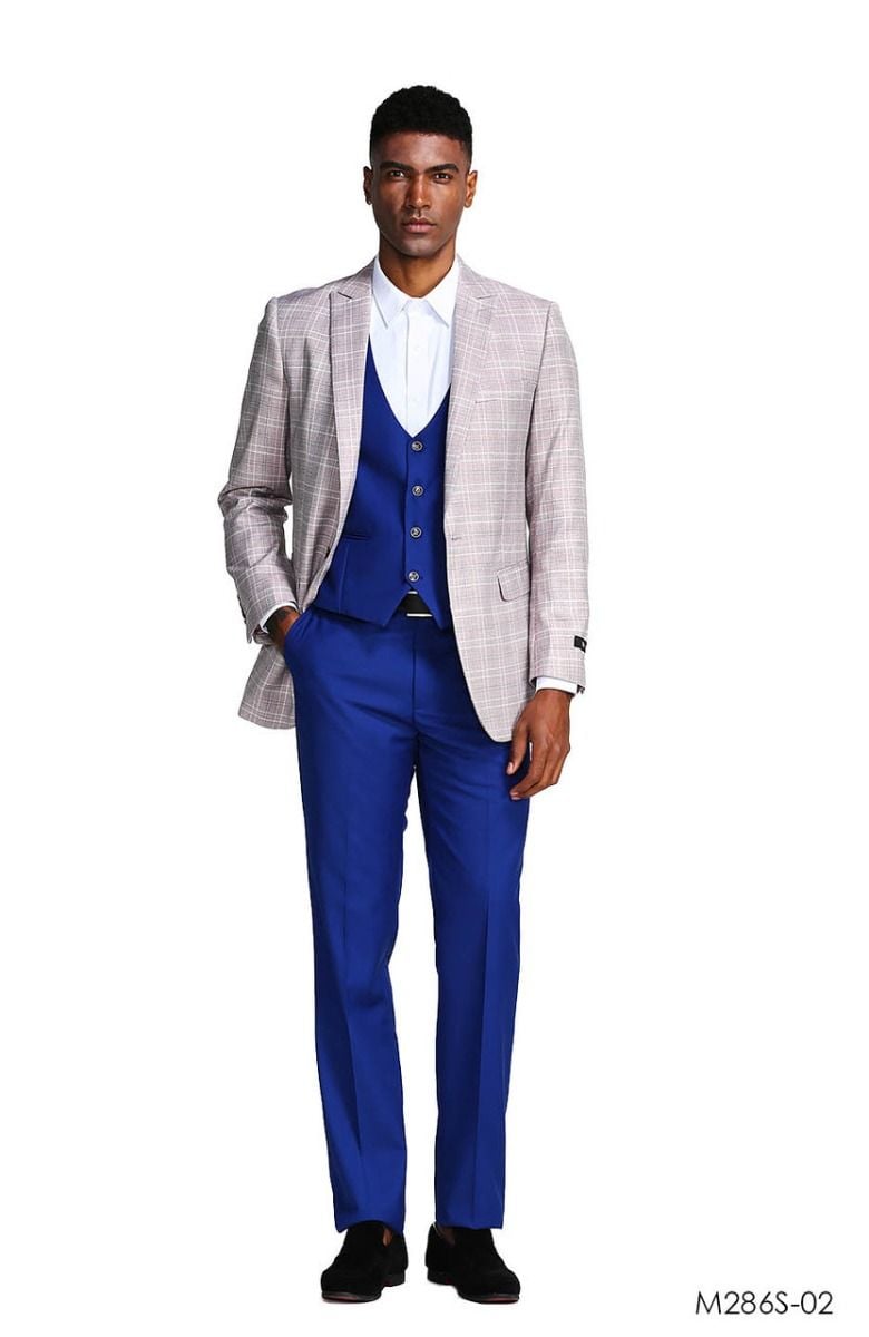Tazio Men's Slim Fit Executive 3-Piece Suit Sleek Plaid Pattern