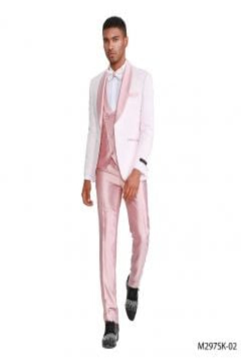 Tazio Men's 4pc Skinny Fit Suit - Tone on Tone pink - 46 Short Jacket+40 Waist Adjust 36to42)(Height: 5 4 to5 7 )(Neck 17-18.5:XL