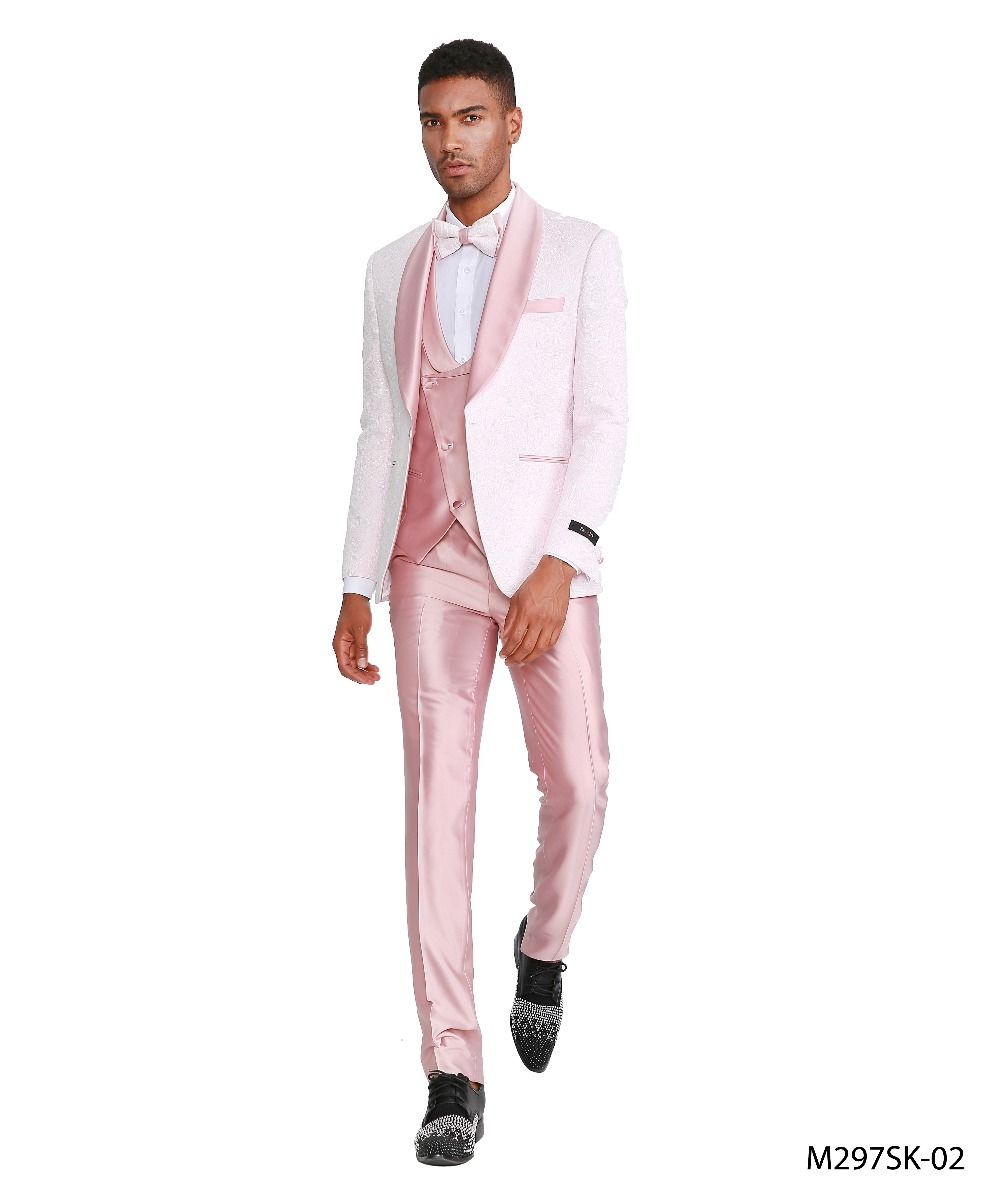Tazio Men's 4pc Skinny Fit Suit - Tone on Tone pink - 46 Short Jacket+40 Waist Adjust 36to42)(Height: 5 4 to5 7 )(Neck 17-18.5:XL
